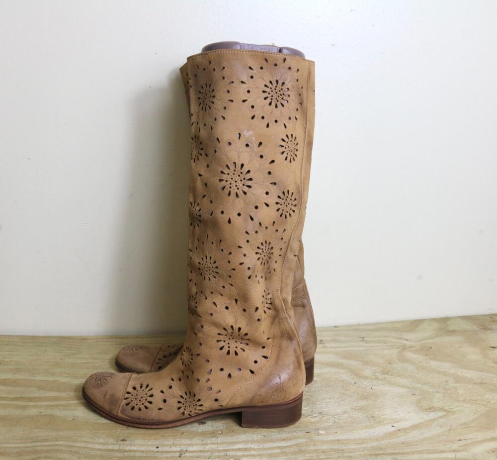 Anthropologie Boots 6.5 Brown Leather Foxglove Cut Out Western Boho Slouchy Tall